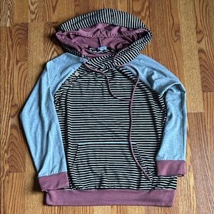 White Birch Women’s Striped Hoodie Sweater - Black, Gray, and Pink Size Large